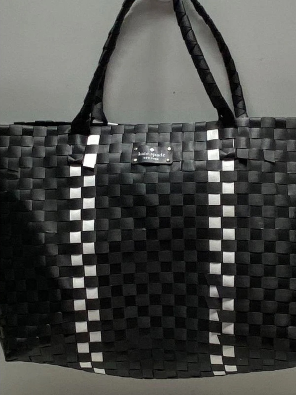 kate spade Black Woven Tote with White Stripe Accents